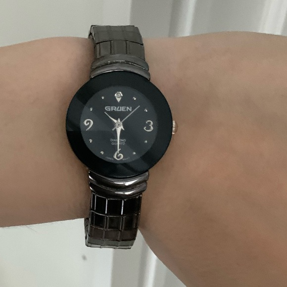 Vintage GRUEN Dimond Ladies Watch Black Tone Stretch Band in original box GU5015 - Picture 9 of 16